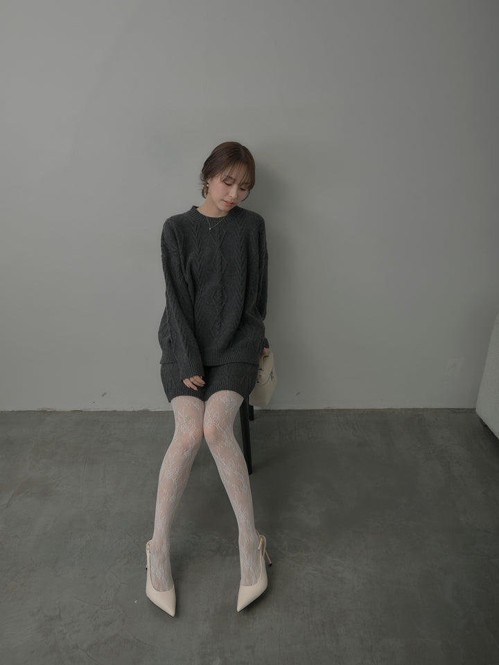 デザイン編みニットトップス&ミニスカート SET UP