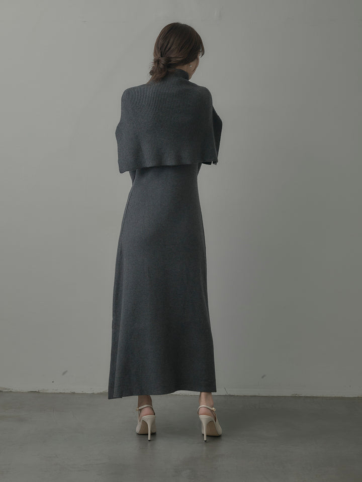 ケープ付きリブニットロングワンピース