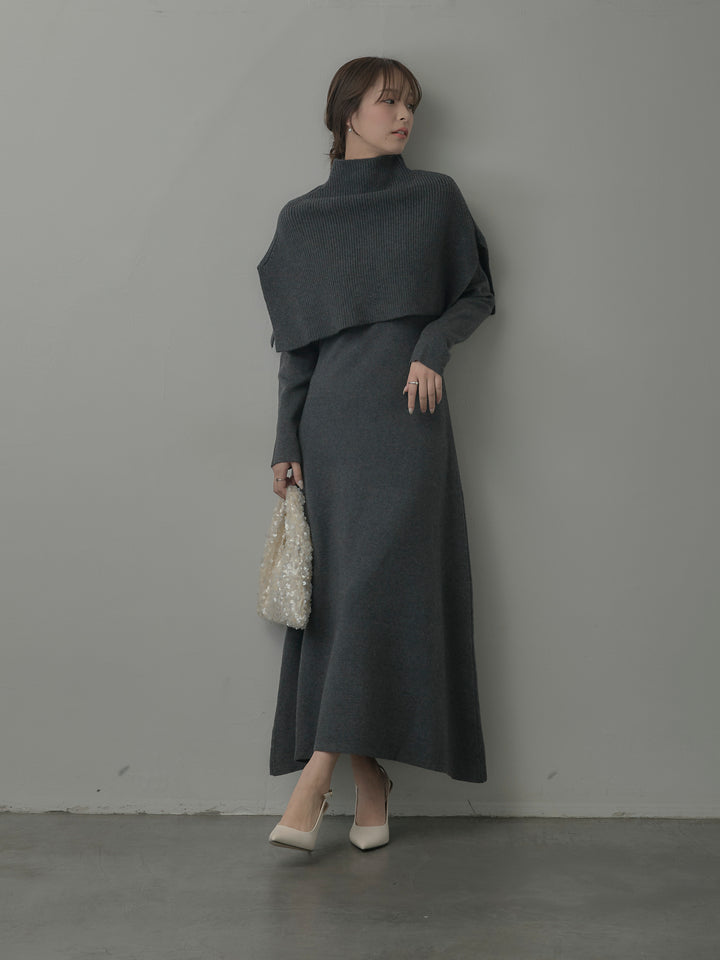 ケープ付きリブニットロングワンピース