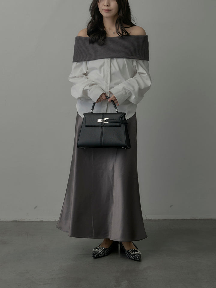 【SET】ニットシャツドッキングオフショルトップス+ヘビーサテンAラインスカート(2set)