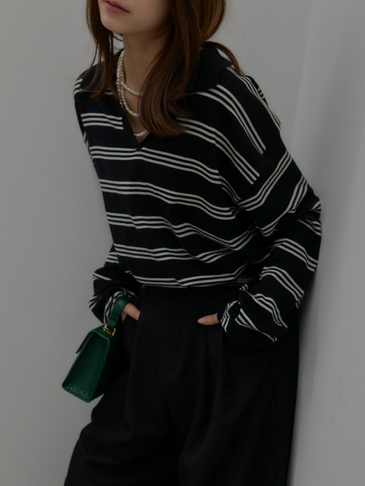 ボーダーポロ襟ニットプルオーバー