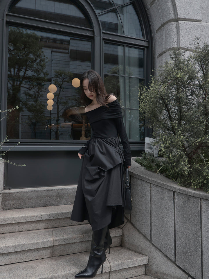 [予約]オフショルリブドッキングワンピース