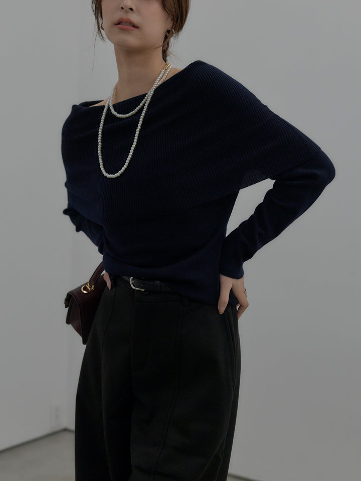 【SET】【premium touch】ソフトリブオフショルニットトップス+カーブデザインスウェットライクパンツ(2set)