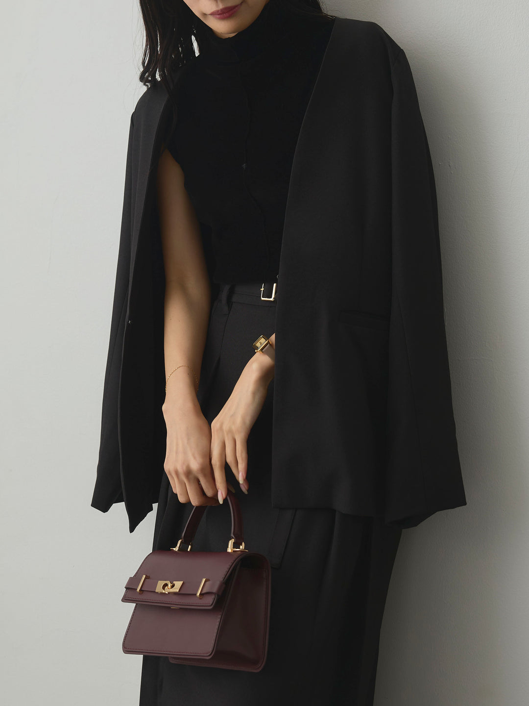 【SET】【Essential】フロントホックノーカラージャケット+【Essential】ベルト付きサイドタックスカート(2set)