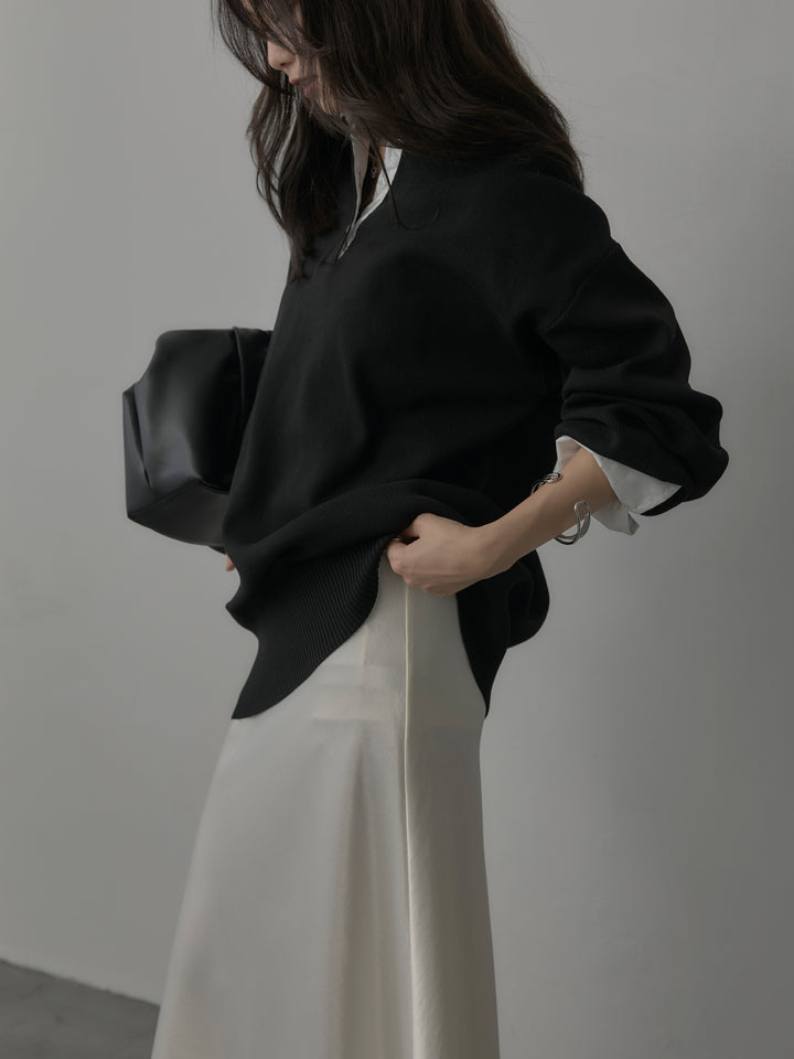 【SET】襟付きポロトップス+ナローAラインサテンスカート(2set)