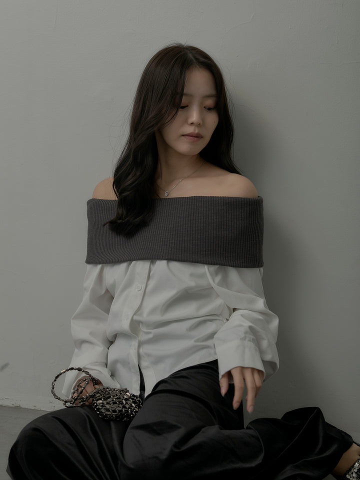 ニットシャツドッキングオフショルトップス