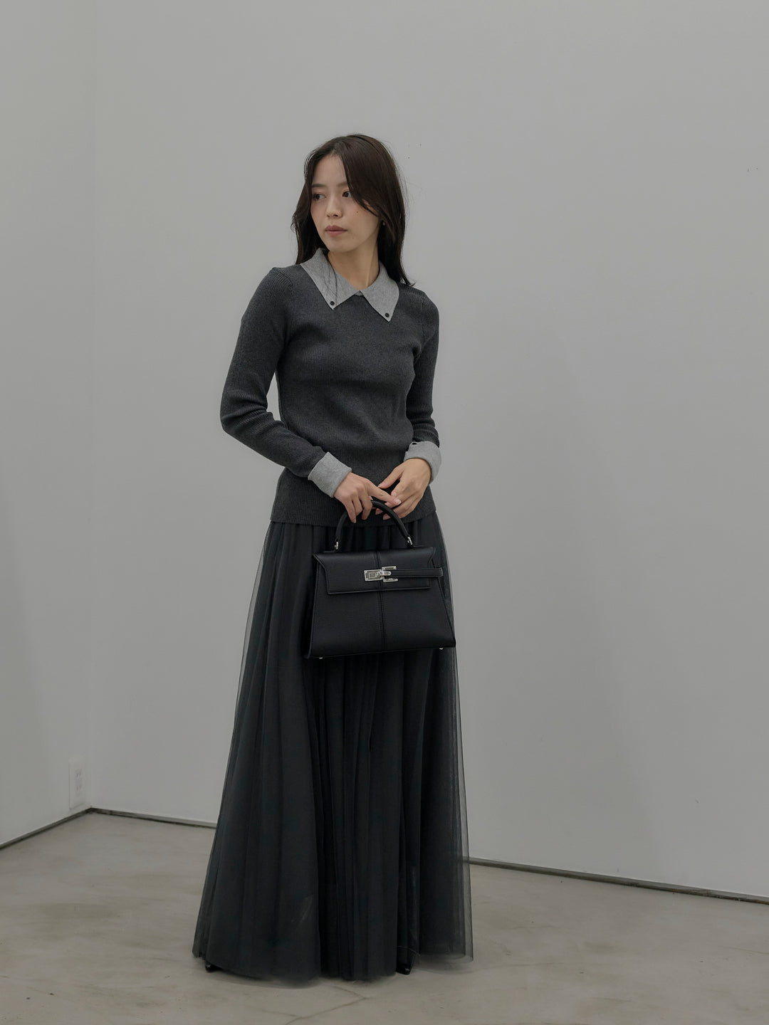 【SET】配色カフスニットポロ+ボリュームチュールスカート(2set)