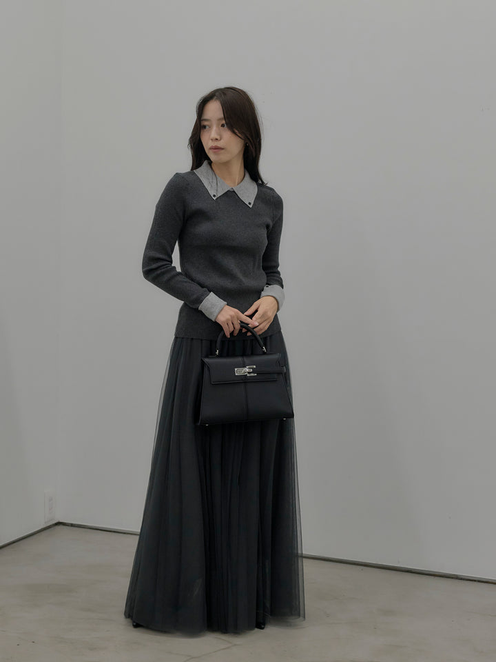 【SET】配色カフスニットポロ+ボリュームチュールスカート(2set)