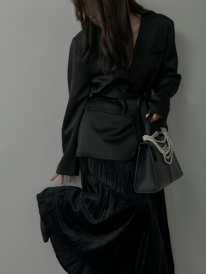 【SET】ノーカラーサテンジャケット+ベロアワッシャープリーツスカート(2set)