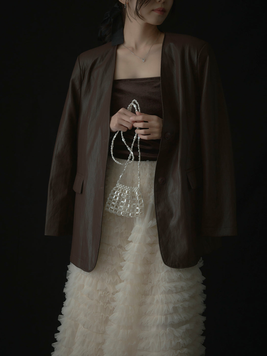 【SET】レザーノーカラージャケット+ドラマチックフリルチュールスカート(2set)