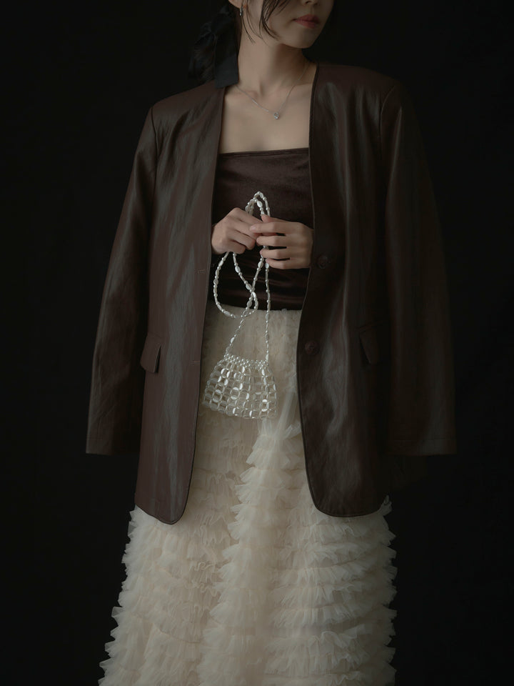 【SET】レザーノーカラージャケット+ドラマチックフリルチュールスカート(2set)