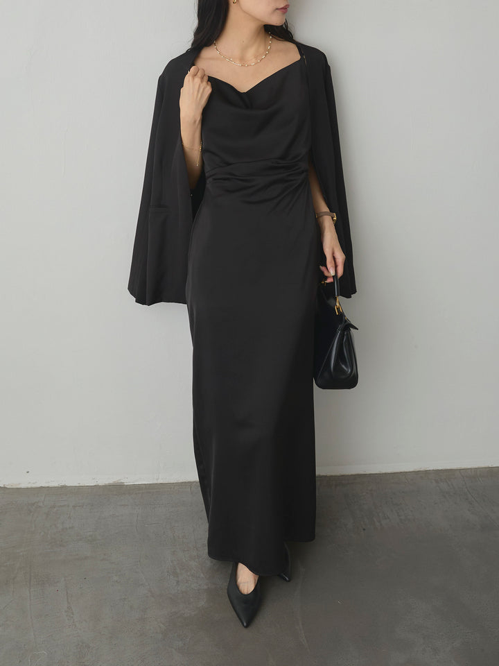 【SET】【Essential】フロントホックノーカラージャケット+【Essential】サテンドレープキャミワンピ(2set)