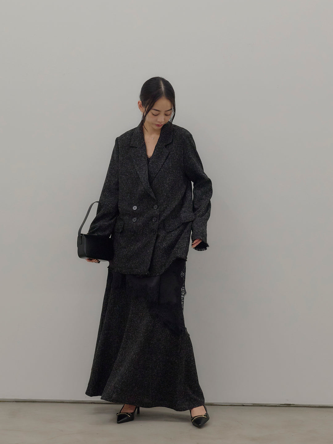 【SET】スラブネップツイードフリンジテーラードジャケット+アシンメトリーサテンレースキャミソール(2set)