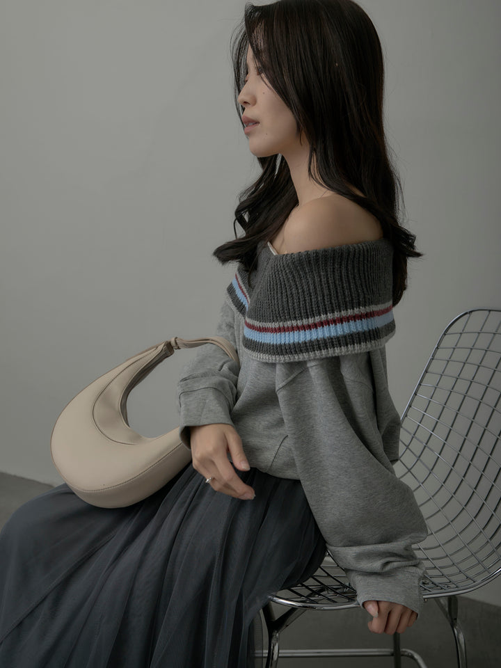 【SET】配色ボーダースウェットオフショルトップス+ボリュームチュールスカート(2set)