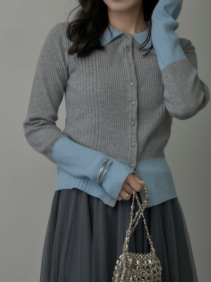 【SET】バイカラーリブニットポロトップス+ボリュームチュールスカート(2set)