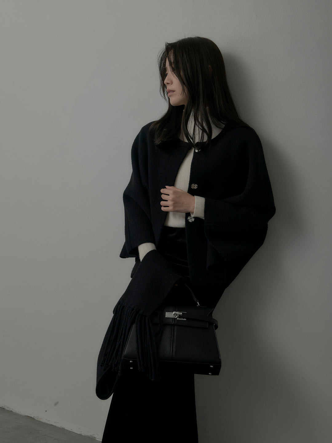 【SET】マフラー付き2WAYケープコート+リブニットタートルネック+ベロアマーメイドスカート(3set)