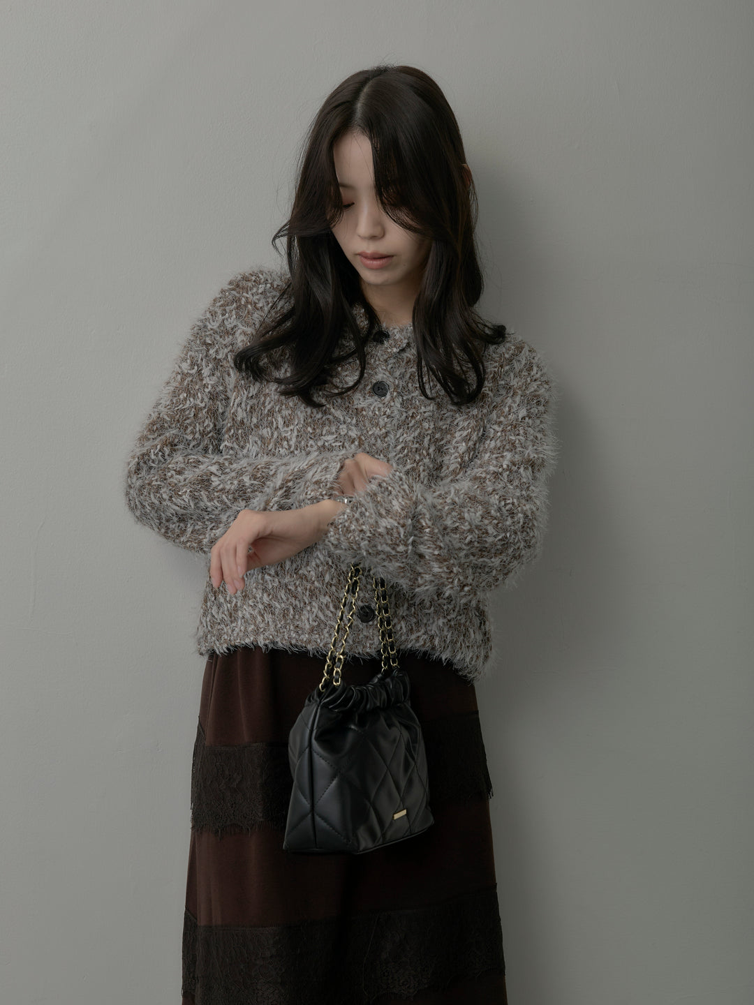 【SET】フェザーループニットカーディガン+レースデザインフレアスカート(2set)