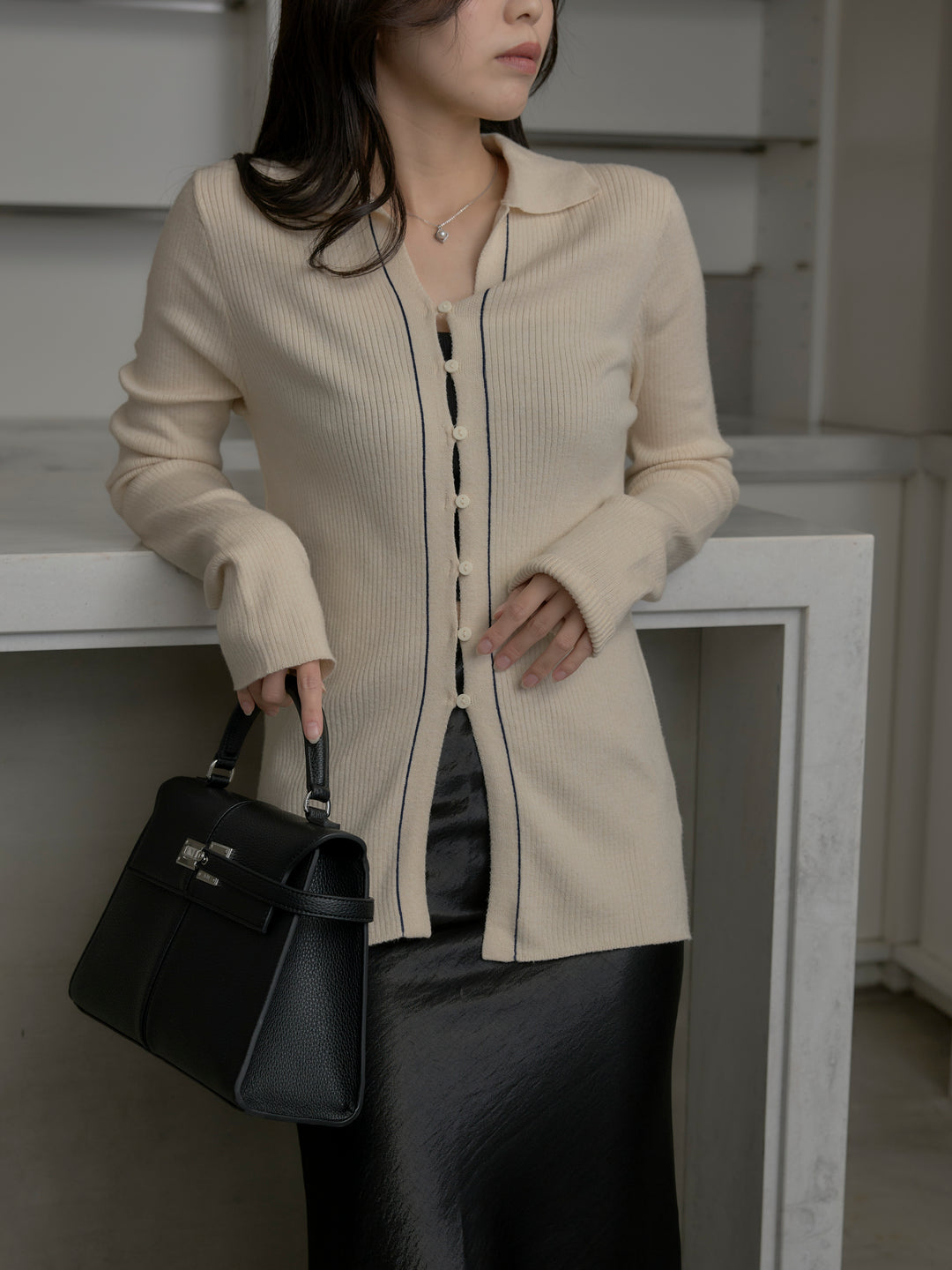 リブ配色ラインポロニットカーディガン