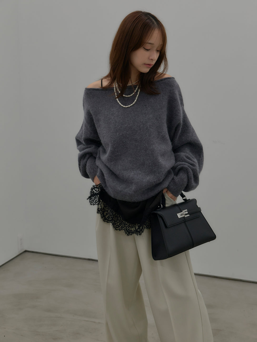 【SET】【premium touch】2wayショルダーニットプルオーバー+レースサテンキャミソール(2set)