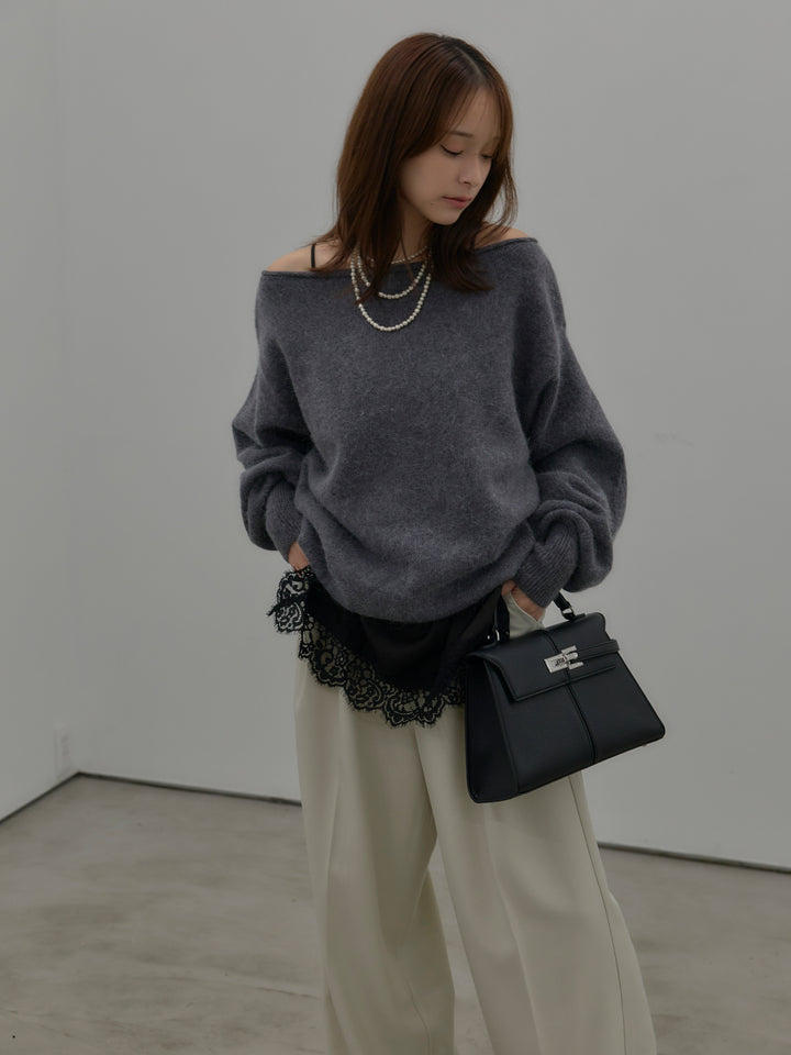 【SET】【premium touch】2wayショルダーニットプルオーバー+レースサテンキャミソール(2set)