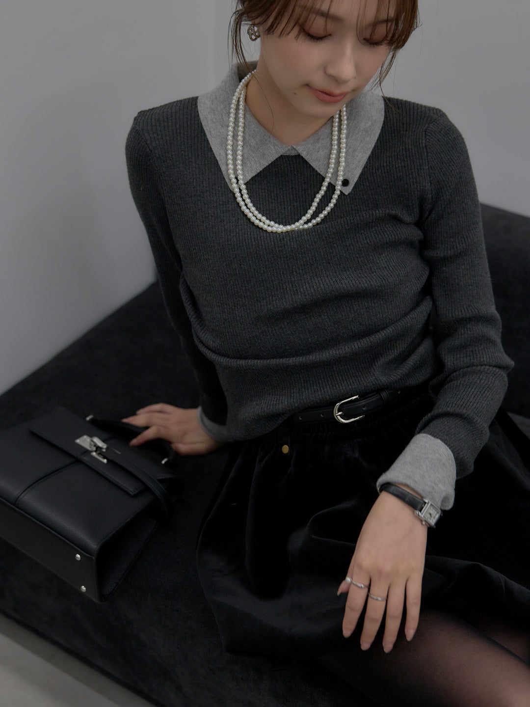 【SET】配色カフスニットポロ+ベロアバルーンミニスカート(インパン付き)(2set)