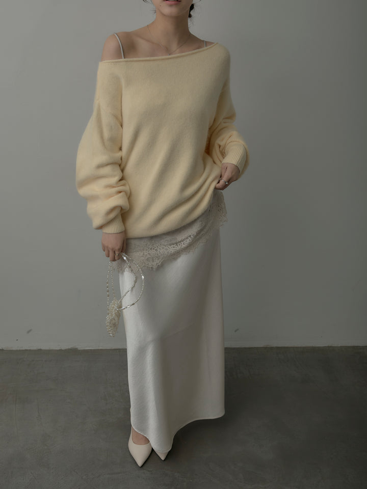 【SET】【premium touch】2wayショルダーニットプルオーバー+レースサテンキャミソール+ナローAラインサテンスカート(3set)