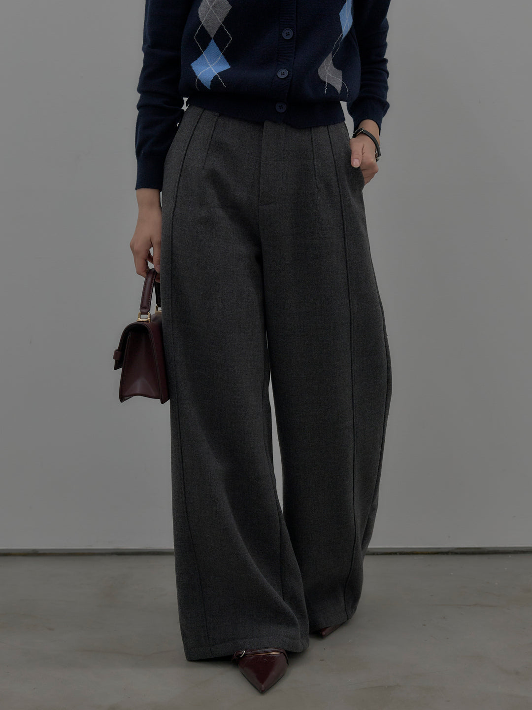 【SET】アーガイル柄ニットカーディガン+裏起毛デザインワイドパンツ(2set)