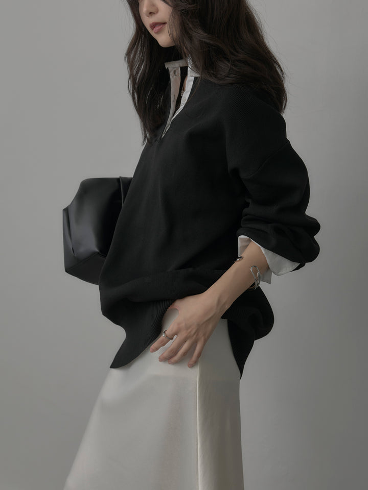 【SET】襟付きポロトップス+ナローAラインサテンスカート(2set)