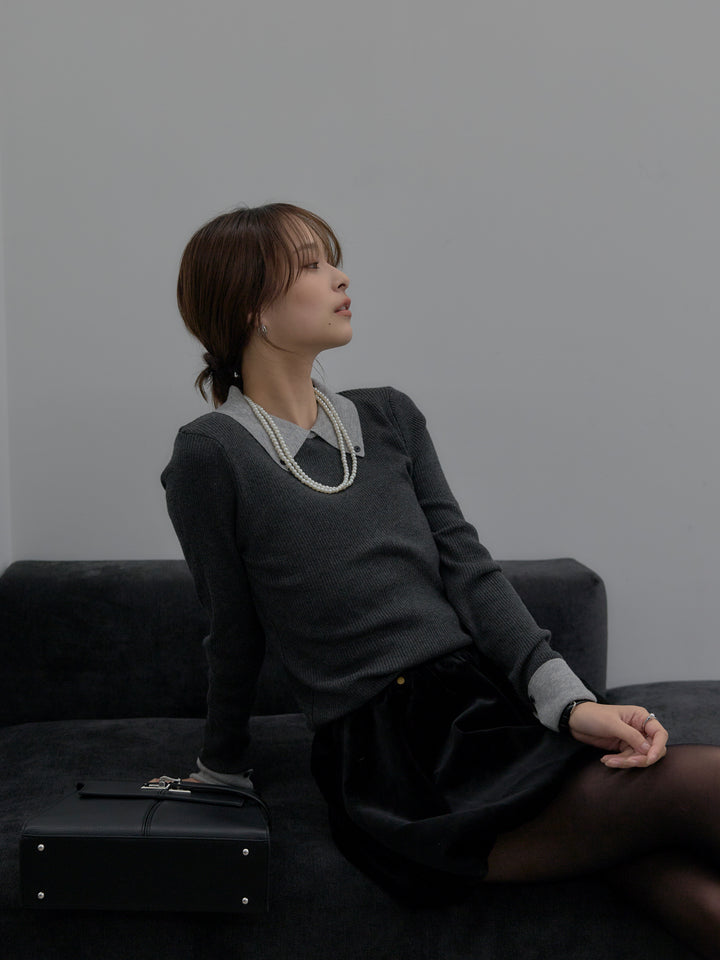 【SET】配色カフスニットポロ+ベロアバルーンミニスカート(インパン付き)(2set)