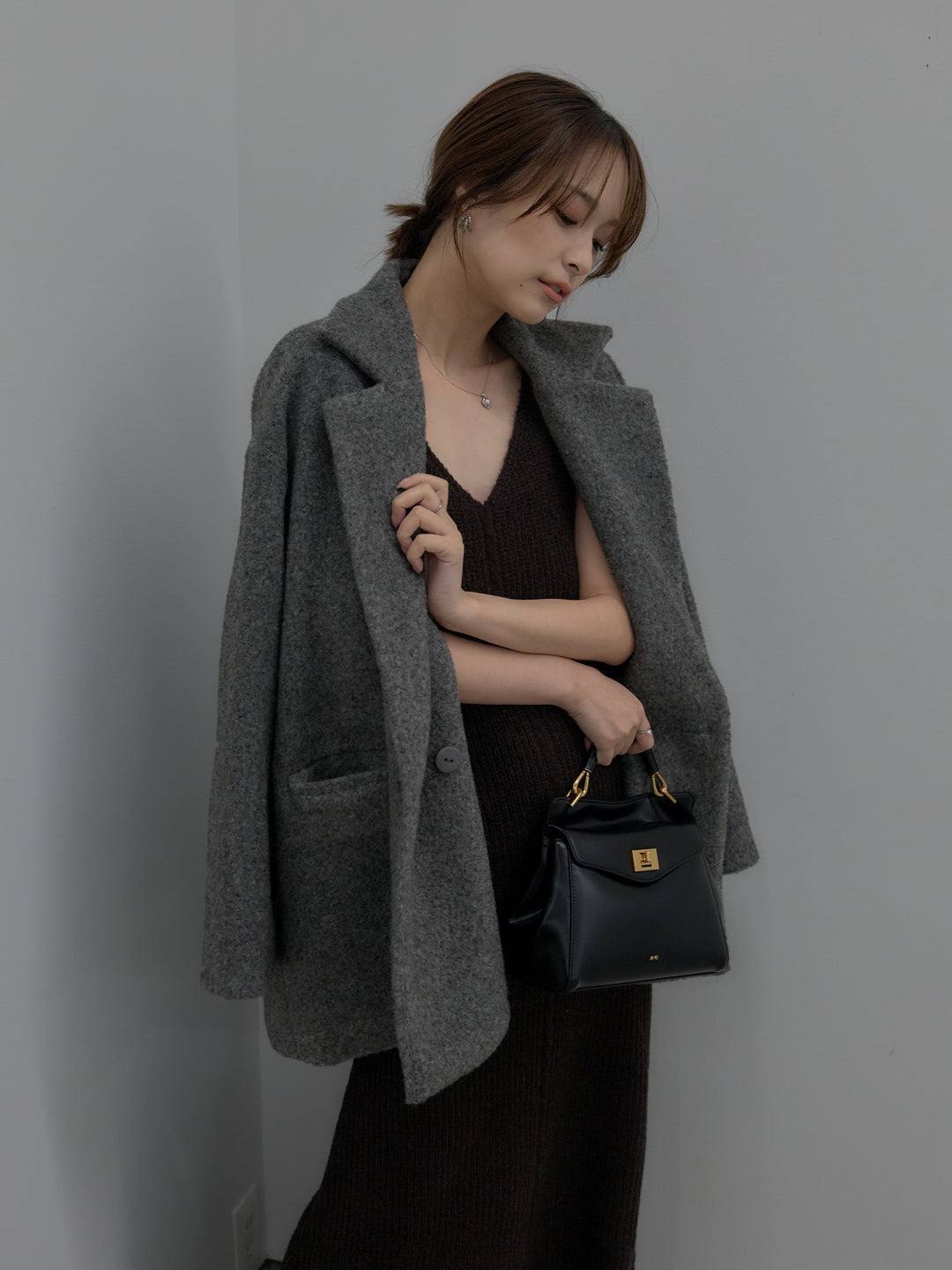 【SET】【Essential】オーバーサイズジャケットコート+リュクスリブニットロングドレス(2set)