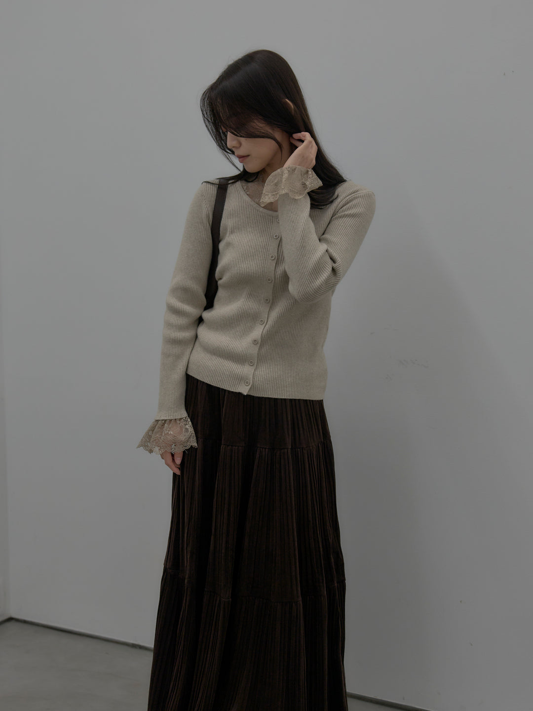 【SET】レースドッキングリブニットトップス+ベロアプリーツティアードスカート(2set)