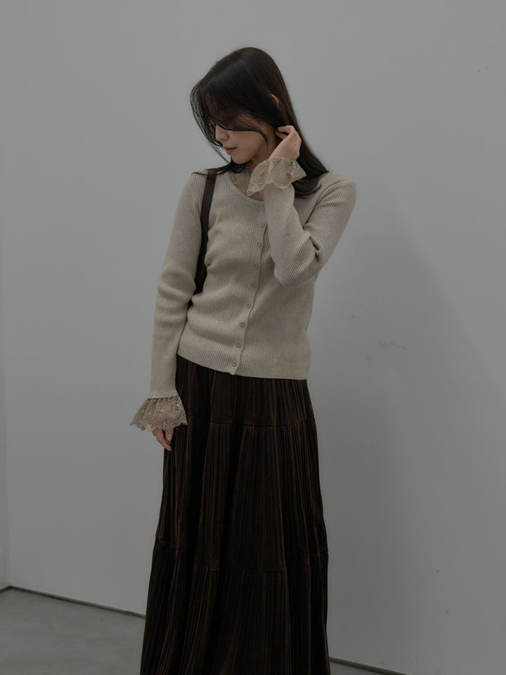 【SET】レースドッキングリブニットトップス+ベロアプリーツティアードスカート(2set)