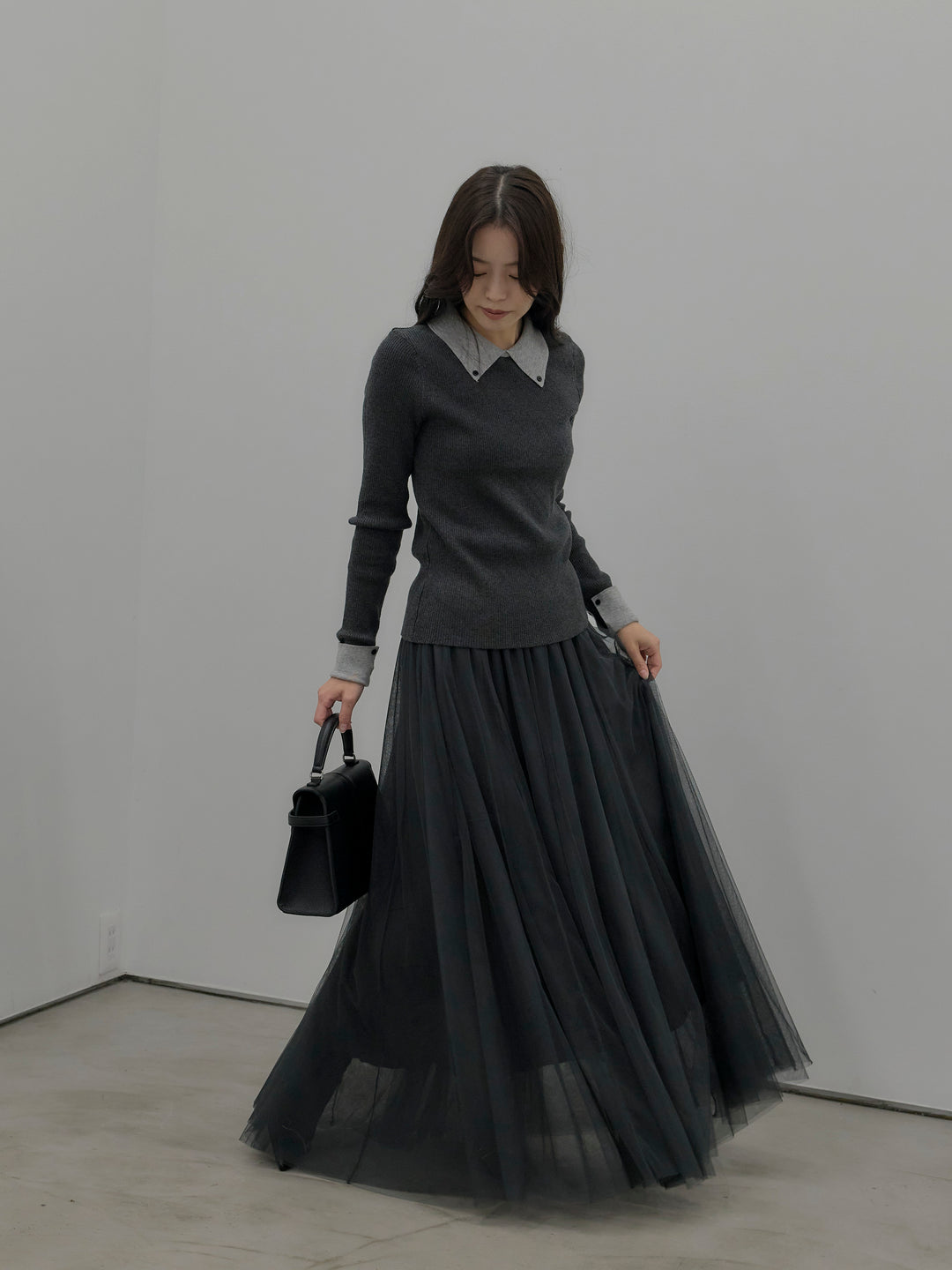 【SET】配色カフスニットポロ+ボリュームチュールスカート(2set)