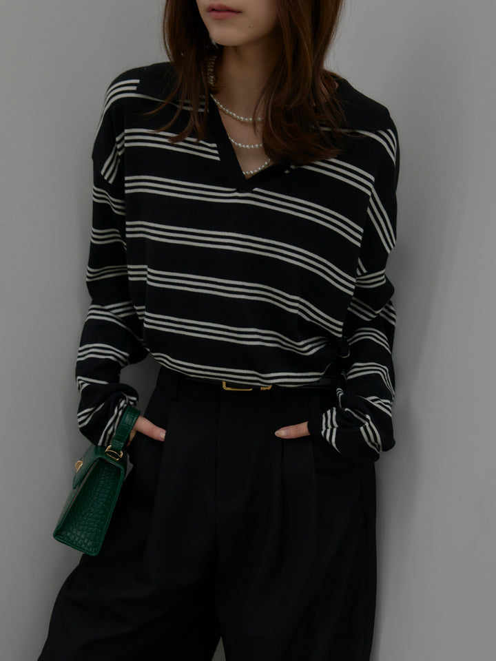 ボーダーポロ襟ニットプルオーバー