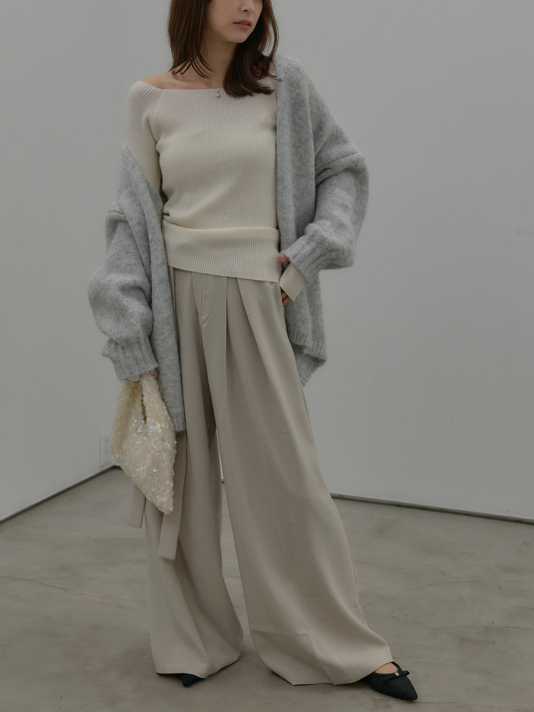 【SET】モヘアライクオーバーニットカーディガン+スクエアネックリブニット(2set)