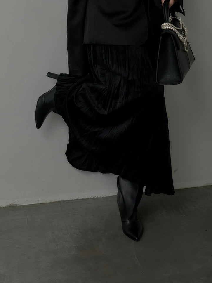 【SET】ノーカラーサテンジャケット+ベロアワッシャープリーツスカート(2set)