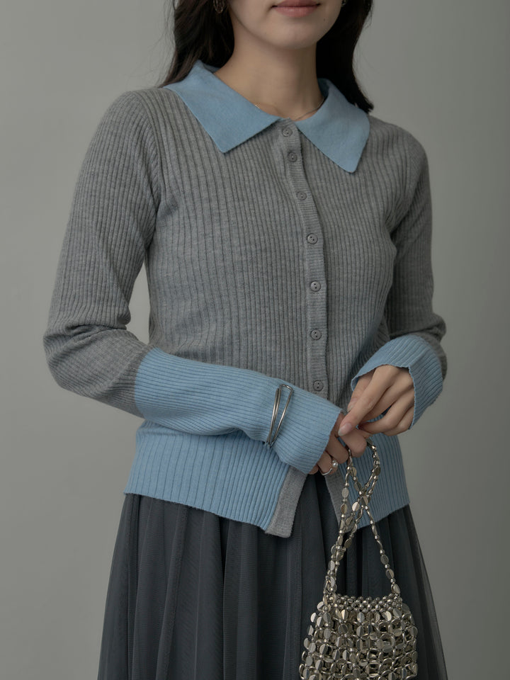 バイカラーリブニットポロトップス