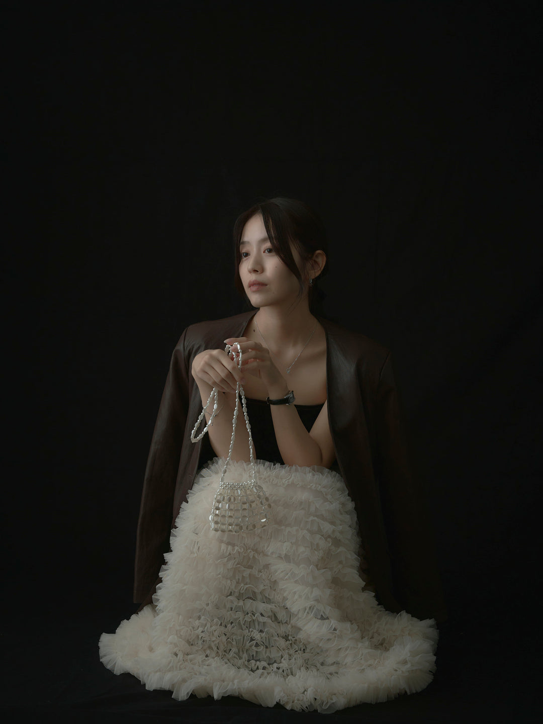 【SET】レザーノーカラージャケット+ドラマチックフリルチュールスカート(2set)