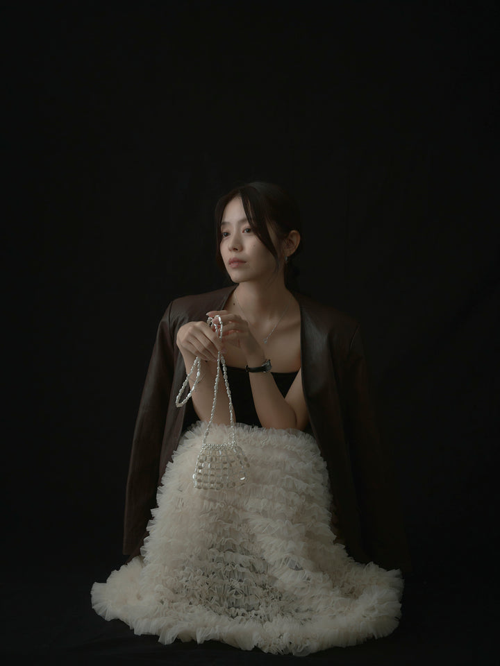 【SET】レザーノーカラージャケット+ドラマチックフリルチュールスカート(2set)