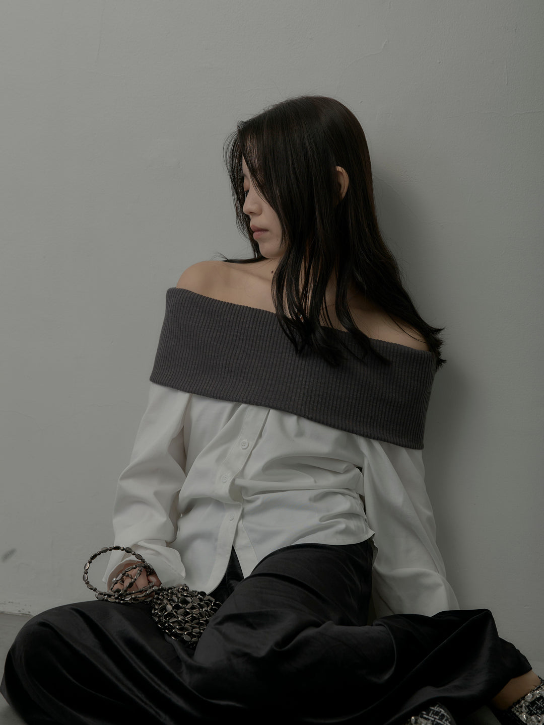 ニットシャツドッキングオフショルトップス