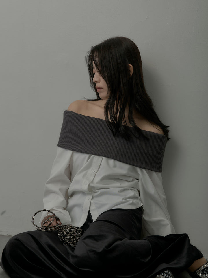 ニットシャツドッキングオフショルトップス