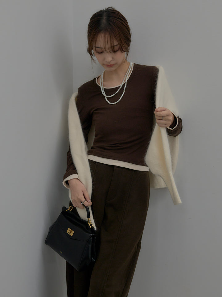 【SET】バイカラーレイヤードカットソー+カーブデザインスウェットライクパンツ(2set)