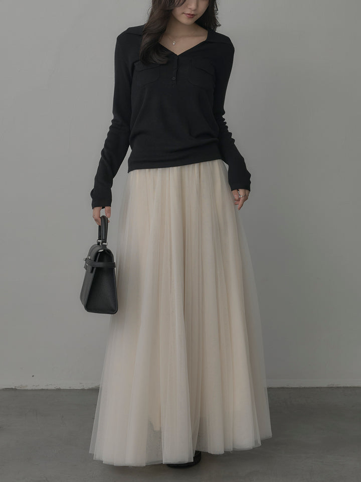 【SET】ポケットデザインリブニットトップス+ボリュームチュールスカート(2set)