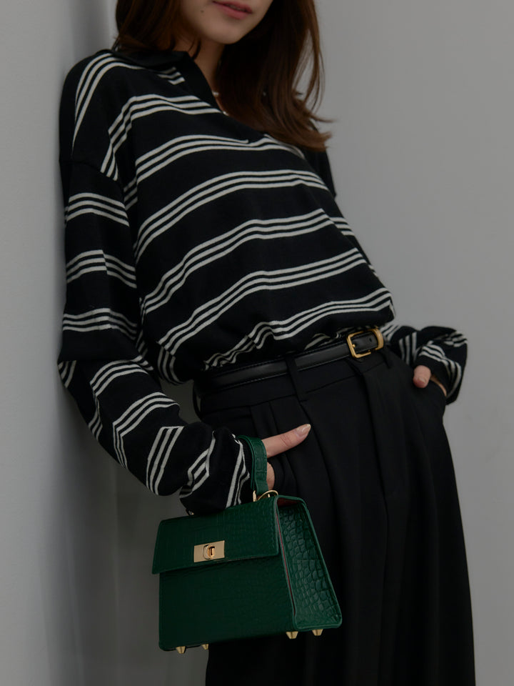 ボーダーポロ襟ニットプルオーバー