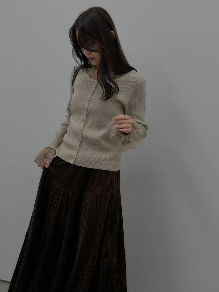 【SET】レースドッキングリブニットトップス+ベロアプリーツティアードスカート(2set)