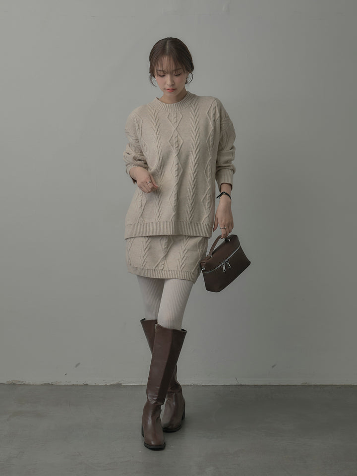 デザイン編みニットトップス&ミニスカート SET UP