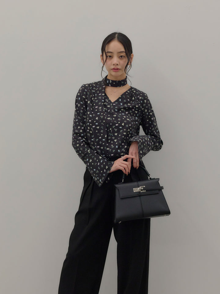 【SET】【Essential】2wayタイ付きベルスリーブサテンブラウス+ハイウエストセンタープレスワイドパンツ(2set)