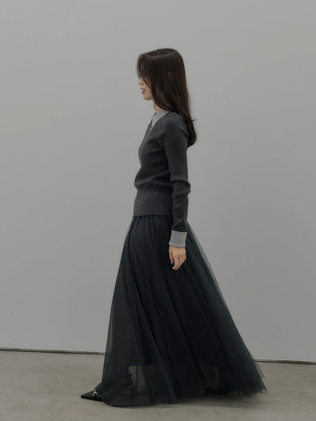 【SET】配色カフスニットポロ+ボリュームチュールスカート(2set)