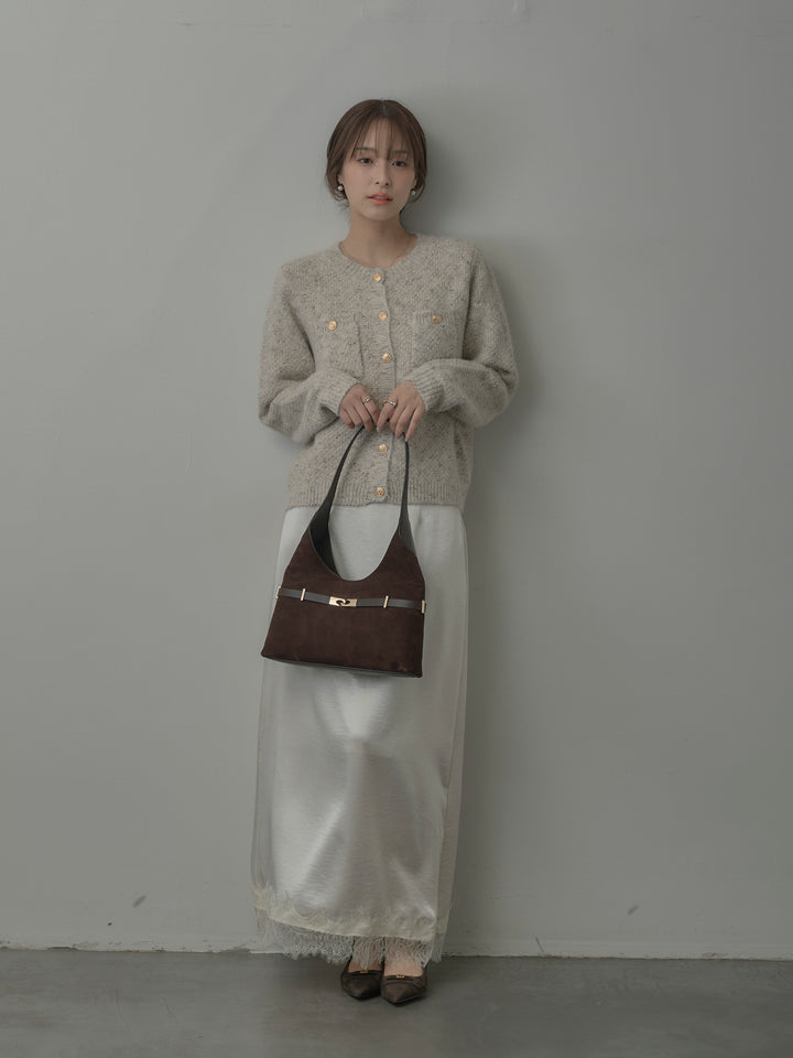 【SET】MIXニットゴールドボタンニットカーディガン+裾レースサテンスカート(2set)