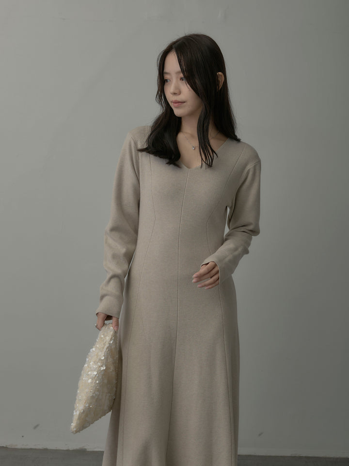 【SET】ショールカラーニットカーディガン+Vネックニットロングワンピース(2set)